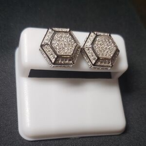 Hexagon Pave Crystal Stud Earrings - 925 Sterling Silver